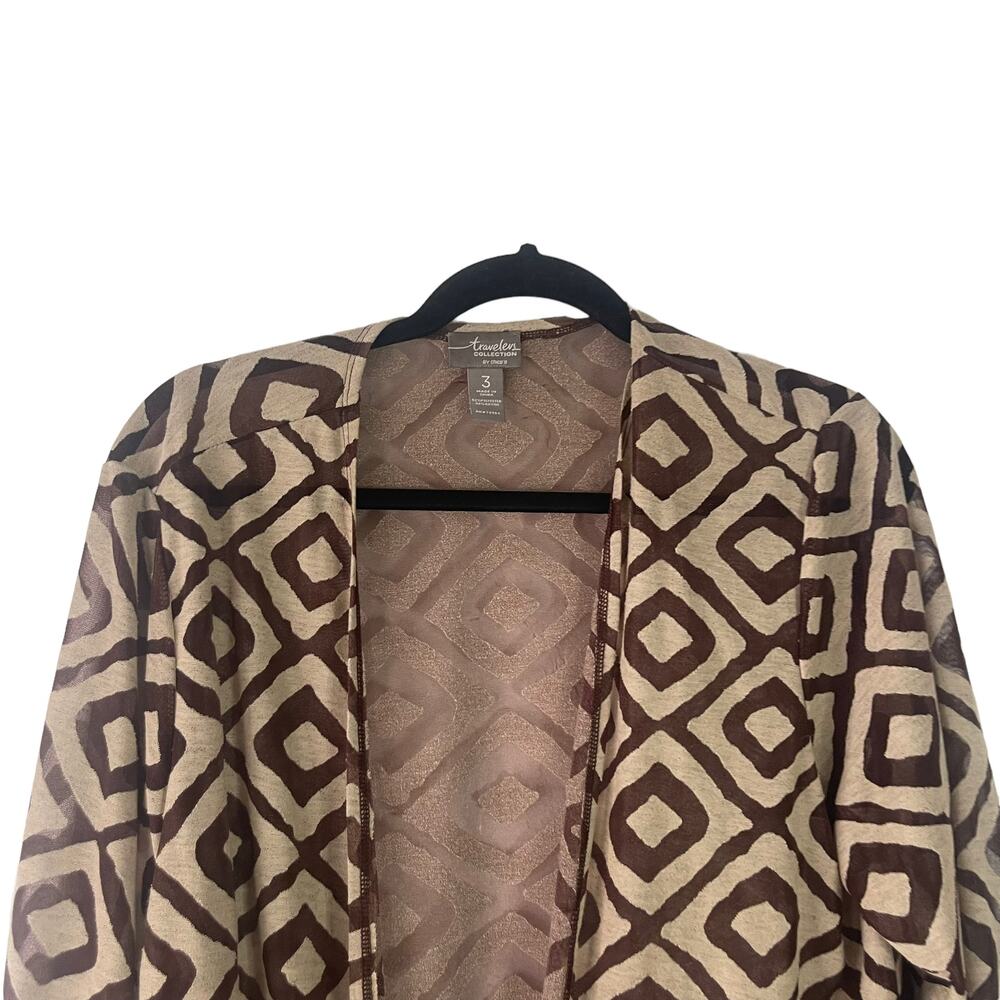 Chico's Women's Size XL (3) Geometrical Sheer Brown Front‎ Tie Cardigan Top - Picture 2 of 8